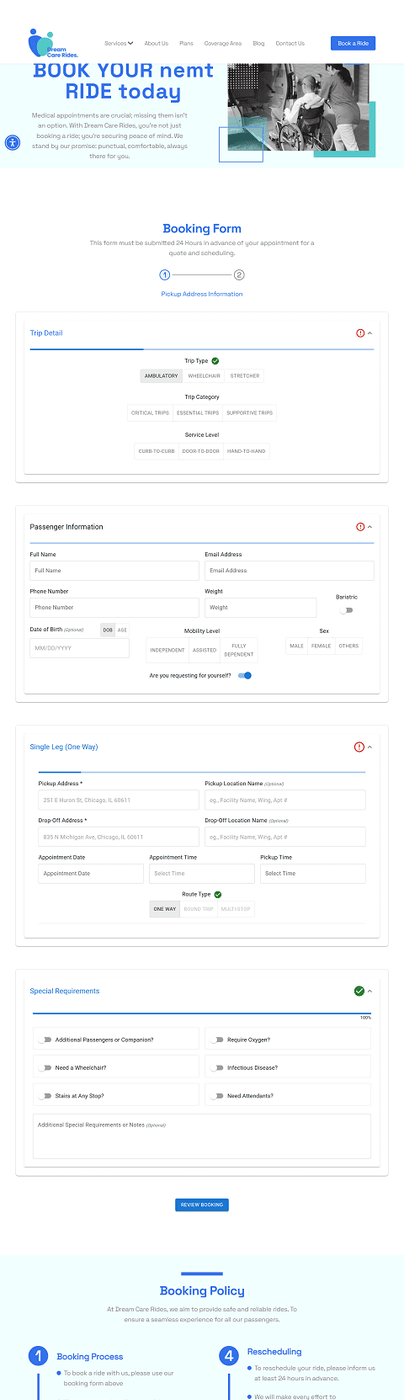 Screenshot of the Dream Care Rides booking page
