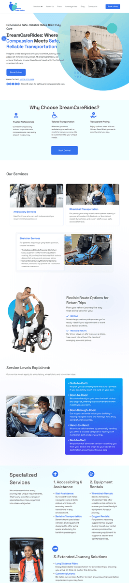 Screenshot of the Dream Care Rides home page